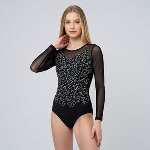 Boston Proper Black Mesh Leotard Bodysuit M Gold Floral Embroidery Long Sleeve